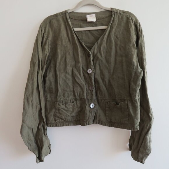 VINTAGE TOM TOM USA 100% Linen Cropped Blazer Jacket Khaki Green Lagenlook S - Picture 2 of 15